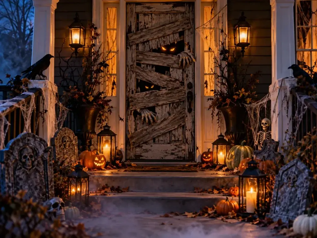 Haunted House Door Cover - halloween front door decor ideas
