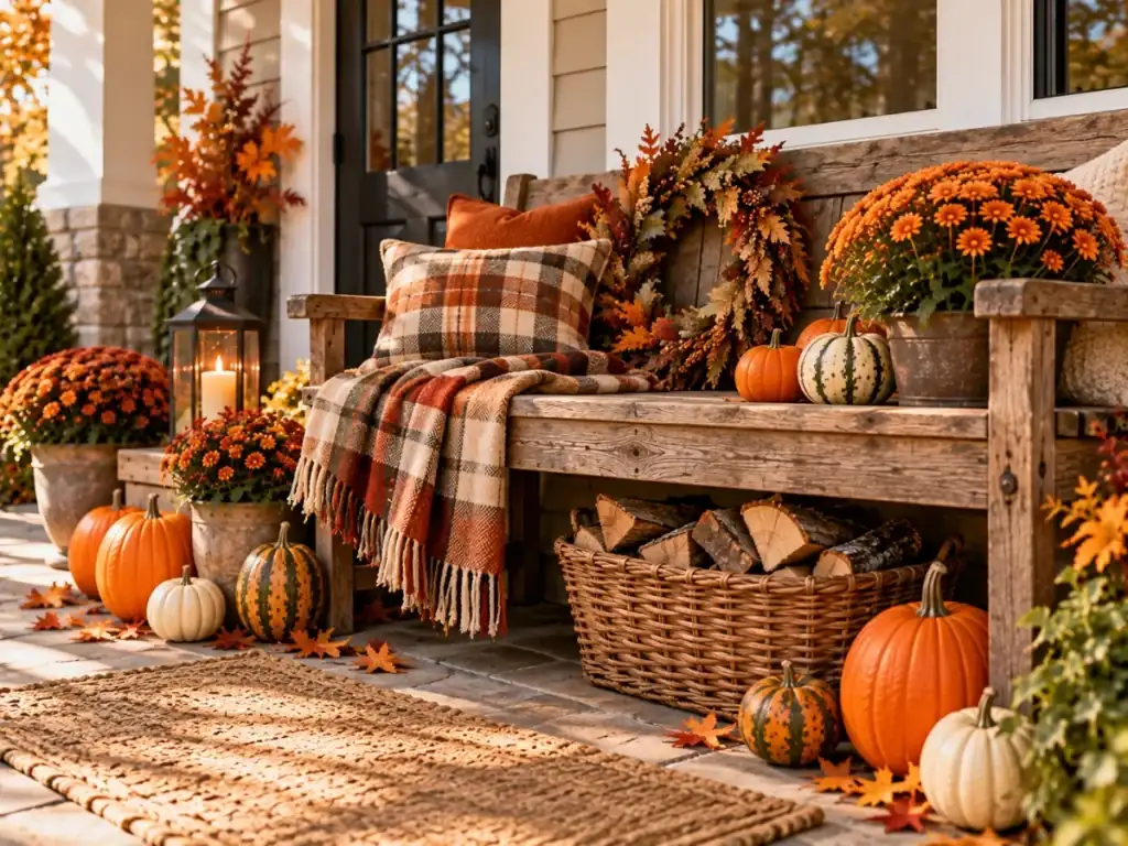 Rustic Bench Vignette - fall front porch decor ideas