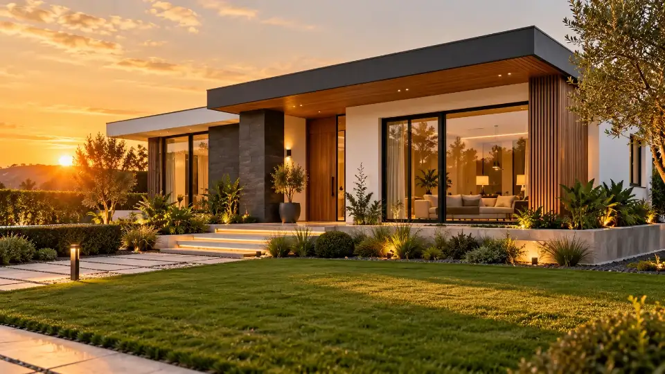 Modern bungalow home exterior at dusk