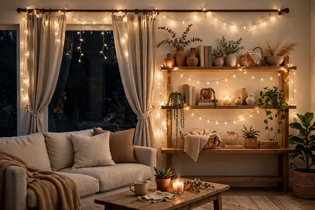 String and Fairy Lights - cozy living room ideas