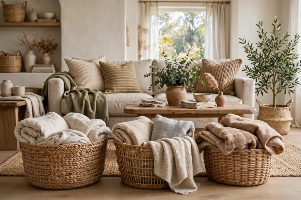 Woven Baskets and Textures - cozy living room ideas