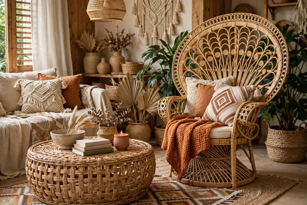 Rattan and Wicker Furniture - boho living room decor ideas