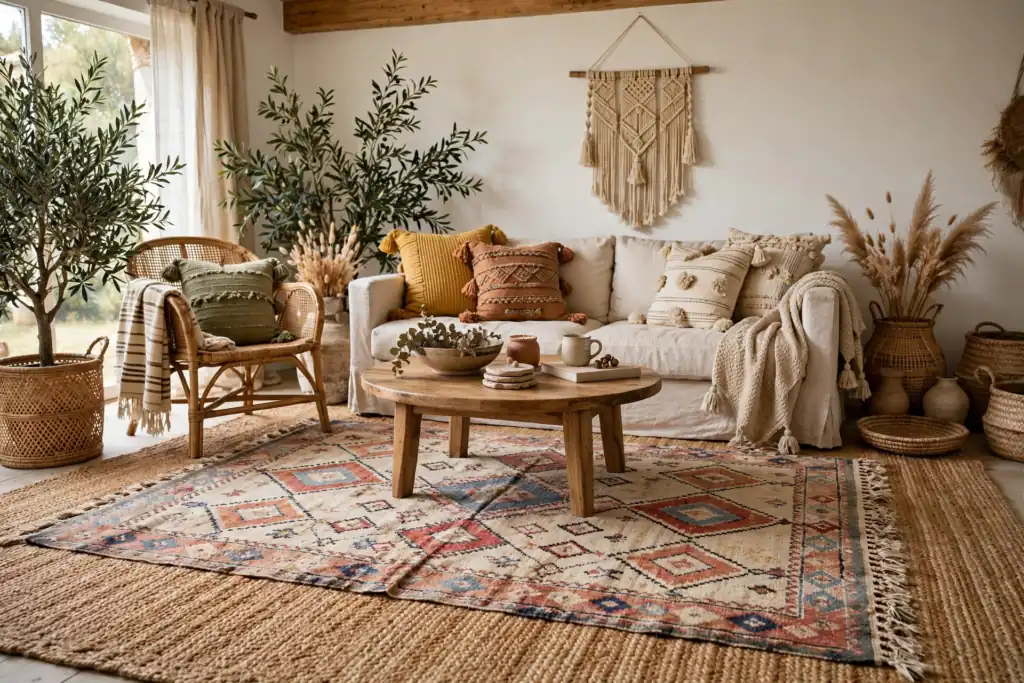 Layered Vintage Rugs - boho living room decor ideas