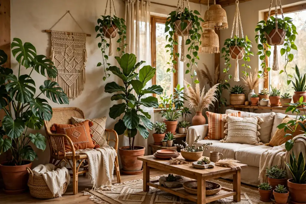 Abundant Indoor Plants - boho living room decor ideas