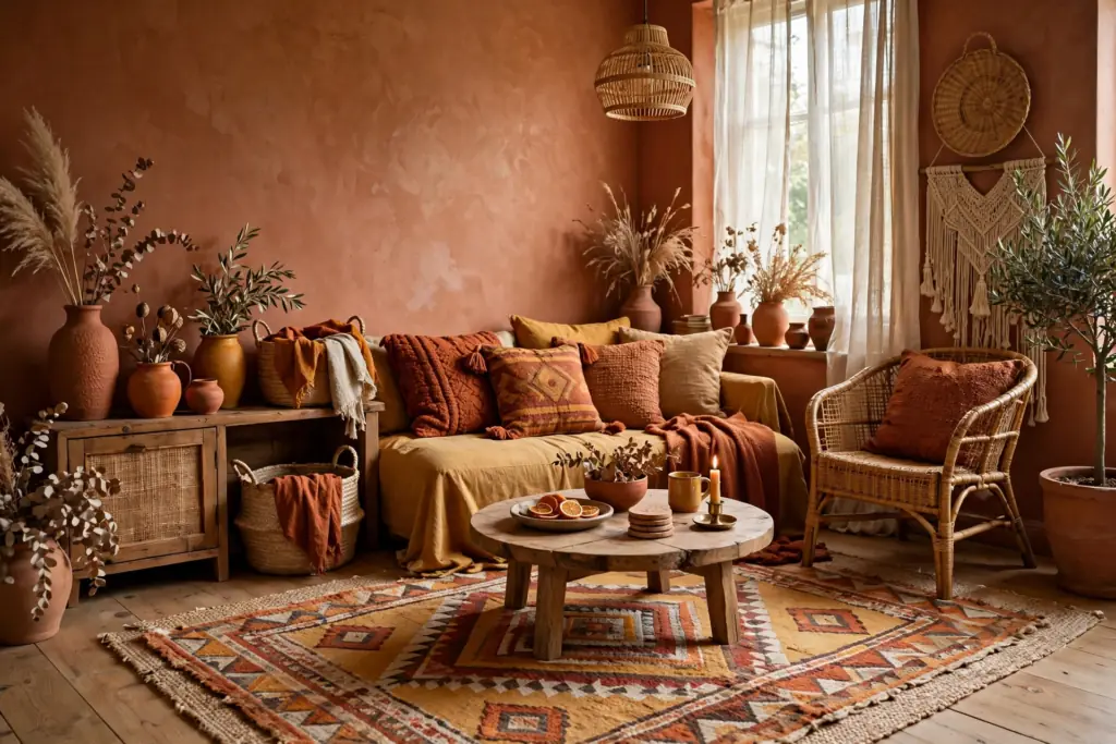 Earthy Terracotta Tones - boho living room decor ideas