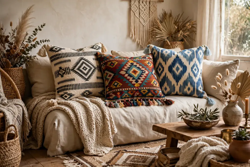 Global Patterned Pillows - boho living room decor ideas