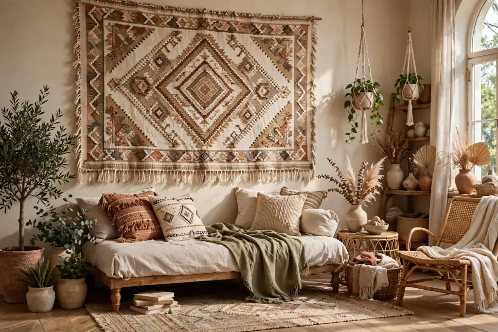 Tapestry Accent Wall - boho living room decor ideas