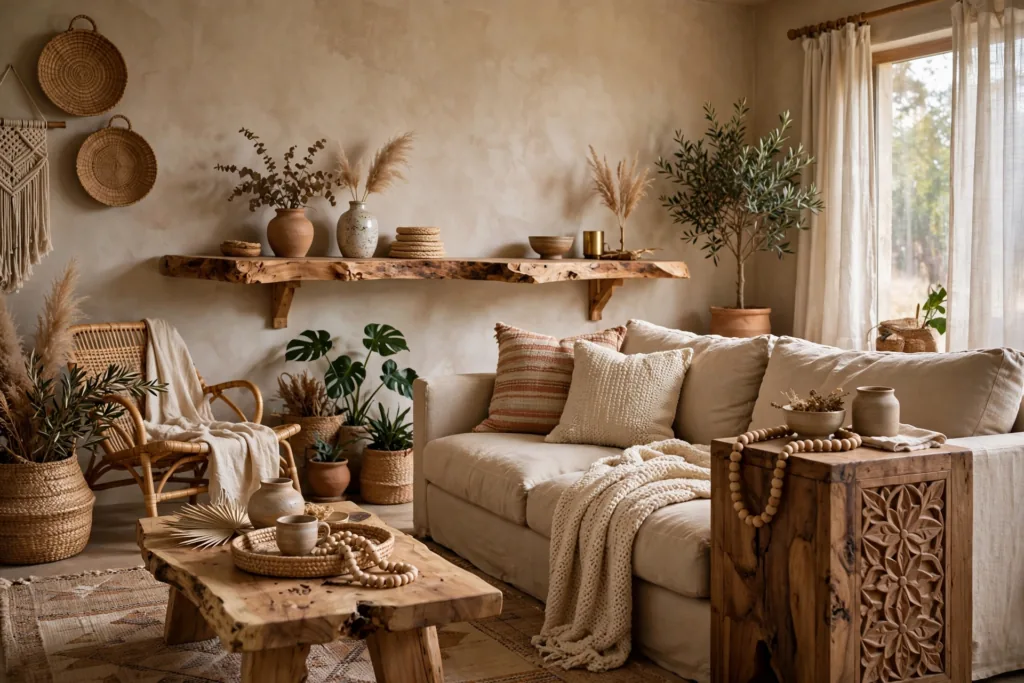 Natural Wood Accents - boho living room decor ideas