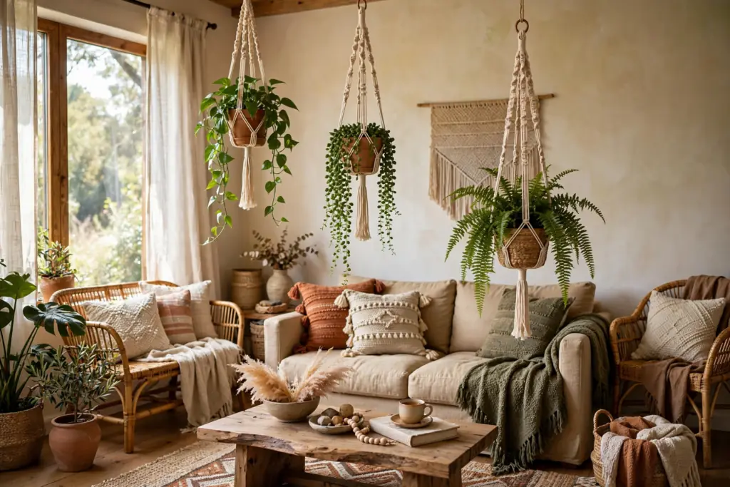 Hanging Plants and Planters - boho living room decor ideas