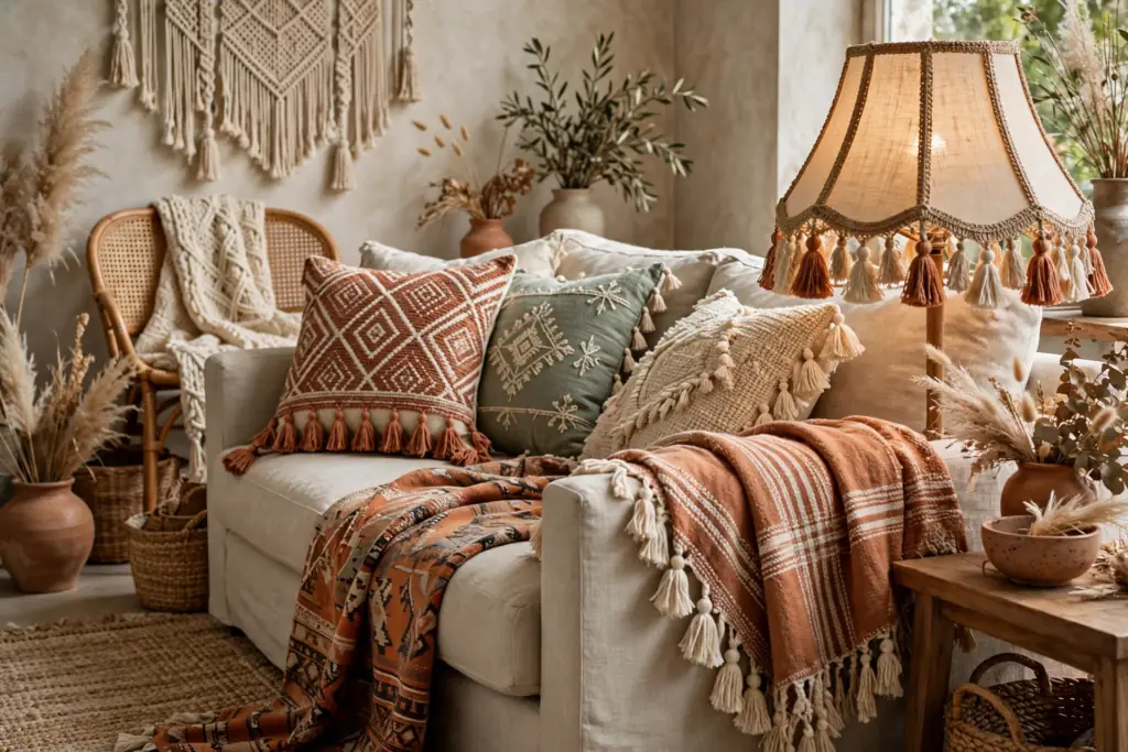 Fringe and Tassel Details - boho living room decor ideas