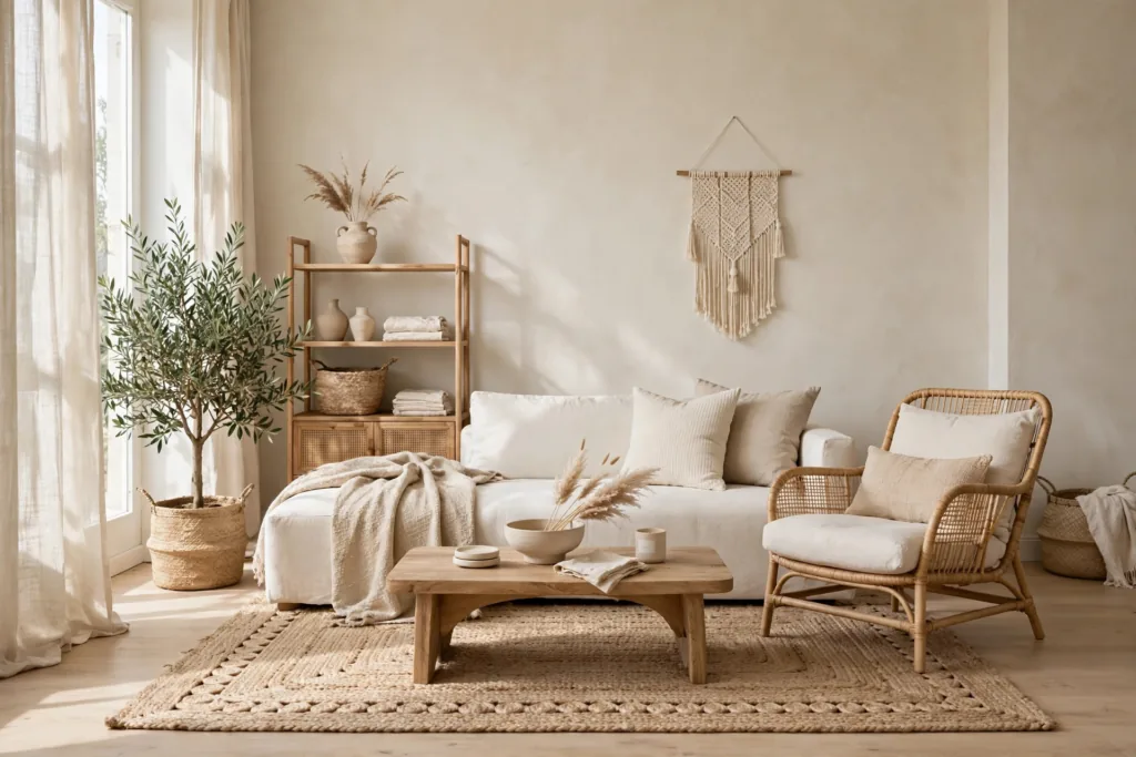 Neutral Boho Minimalism - boho living room decor ideas