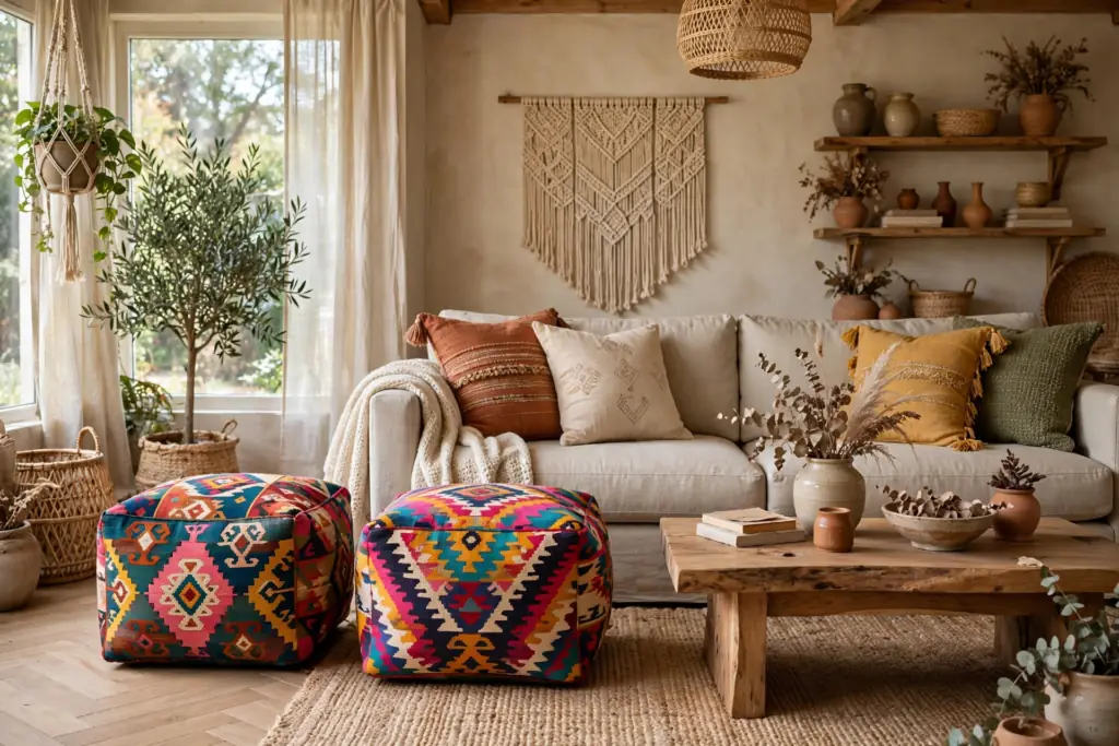 Colorful Kilim Ottomans - boho living room decor ideas