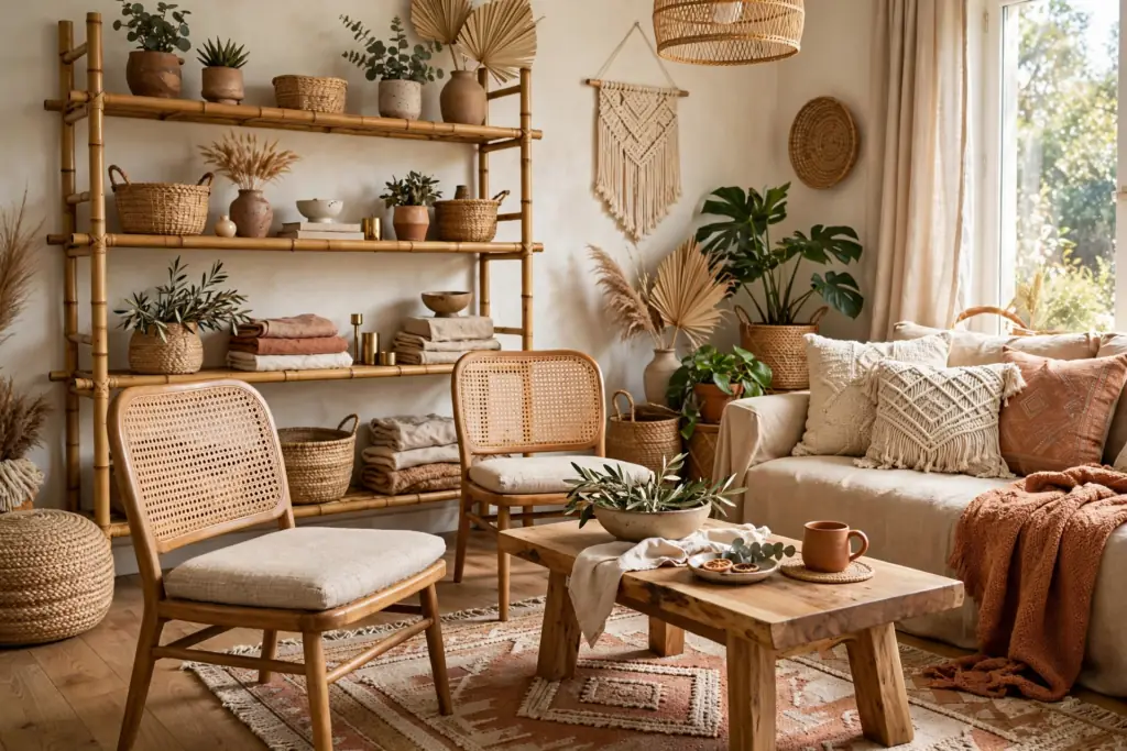Bamboo and Cane Accents - boho living room decor ideas