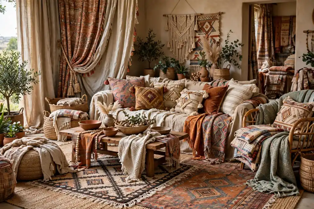 Layered Textiles Everywhere - boho living room decor ideas