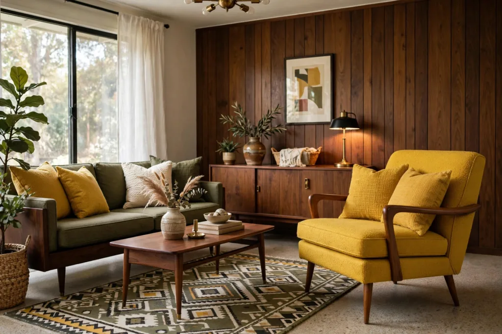 Bold Mustard Accents - mid century modern living room decor ideas
