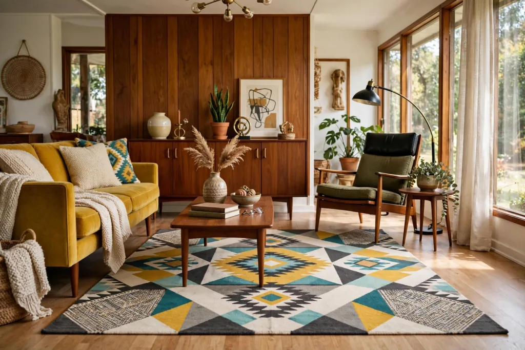 Geometric Patterned Rug - mid century modern living room decor ideas