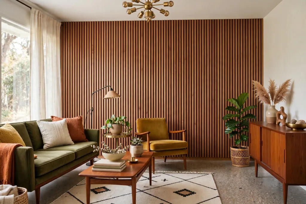 Teak and Wood Paneling - mid century modern living room decor ideas