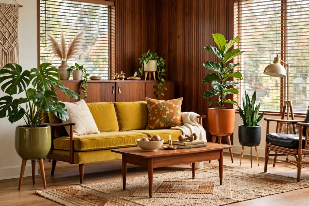 Indoor Plants with Retro Planters - mid century modern living room decor ideas
