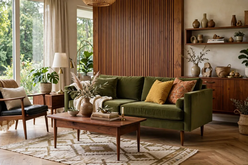 Olive Green Color Accents - mid century modern living room decor ideas
