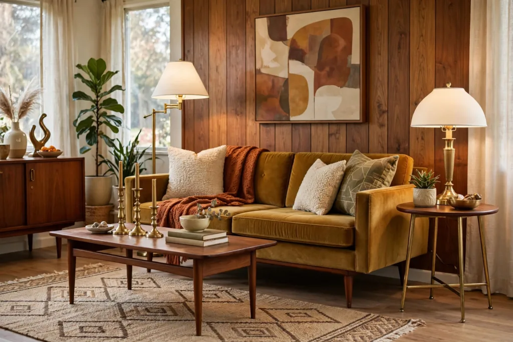 Brass and Metal Accents - mid century modern living room decor ideas