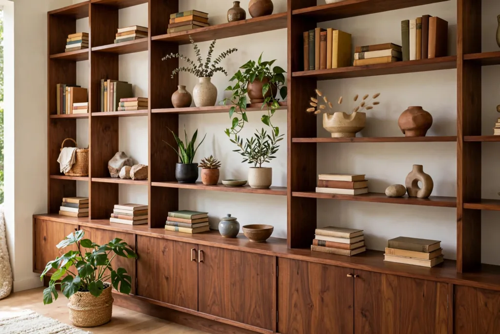 Built-In Shelving with Wood Finishes - mid century modern living room decor ideas