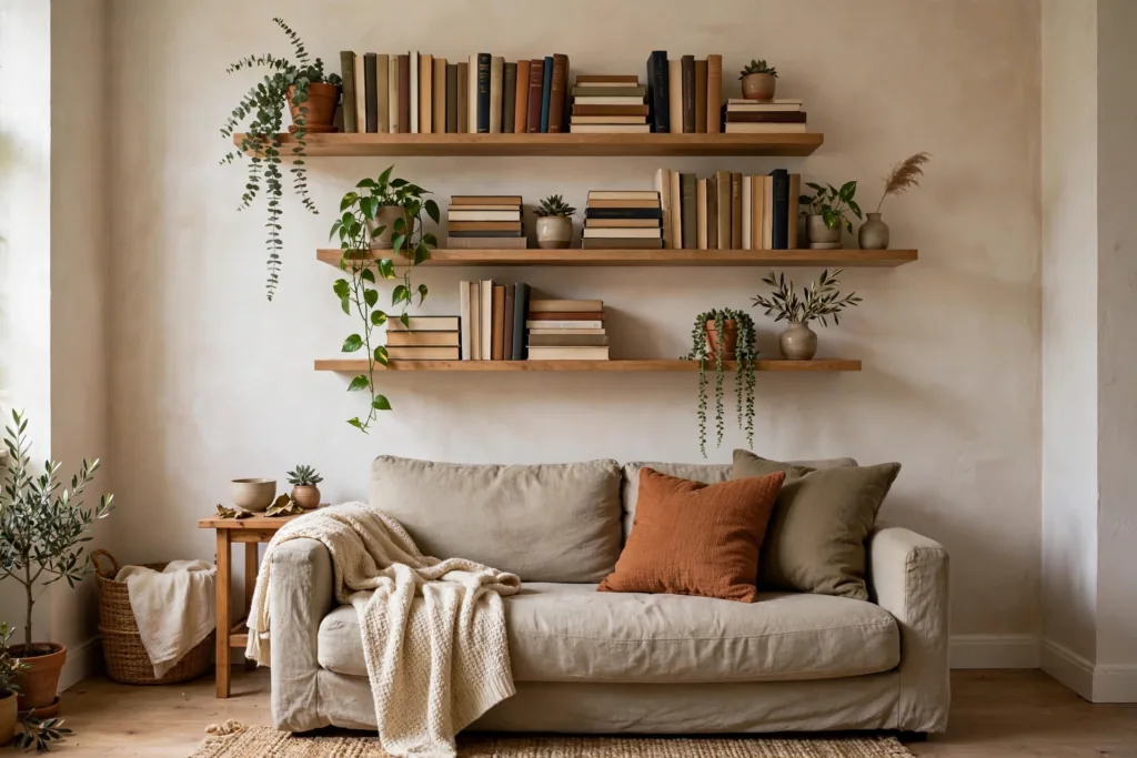 Floating Shelves for Vertical Storage - small living room decor ideas