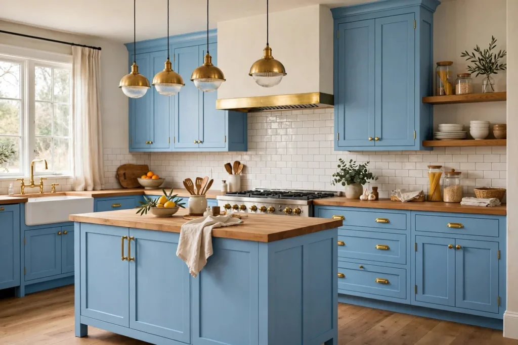 Sky Blue Cabinets with Brass Hardware - blue kitchen ideas