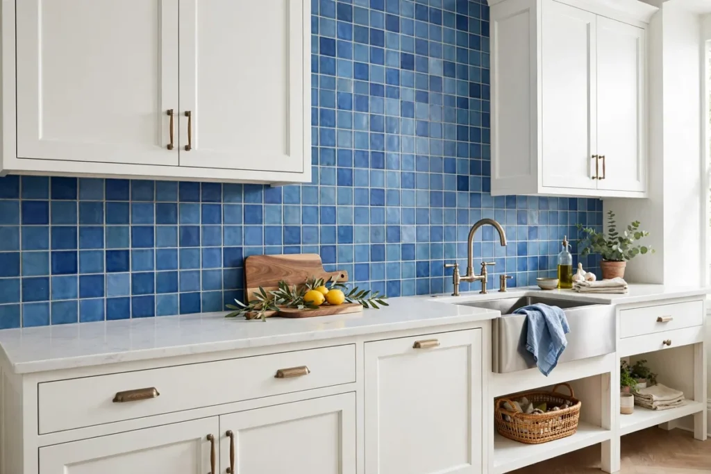 Blue Tile Backsplash with White Cabinets - blue kitchen ideas