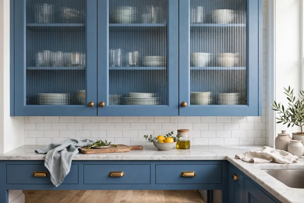 Blue Glass Cabinet Doors - blue kitchen ideas