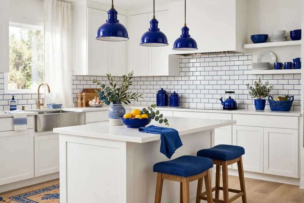 Cobalt Blue Accents on White - blue kitchen ideas