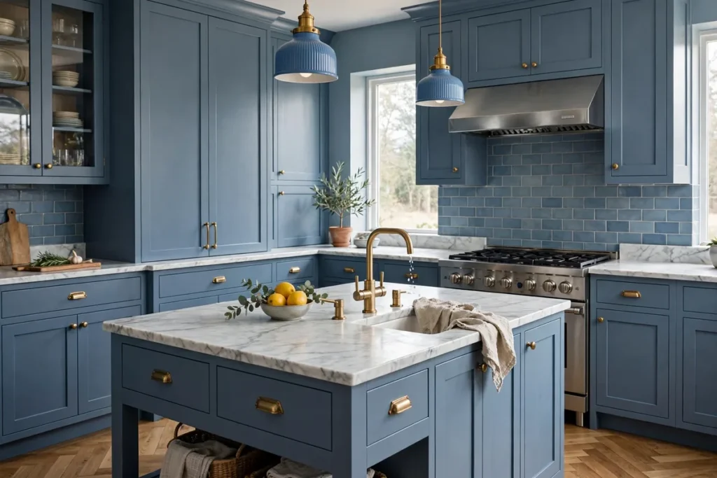 Slate Blue Cabinets with Marble Counters - blue kitchen ideas