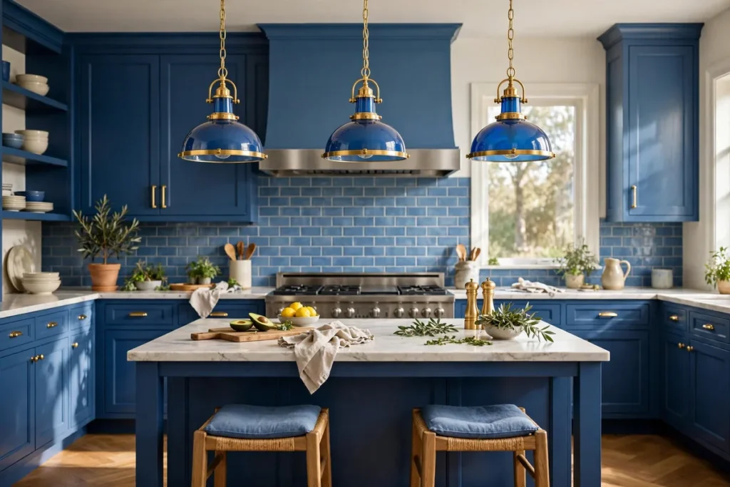 Blue and Gold Pendant Lights - blue kitchen ideas