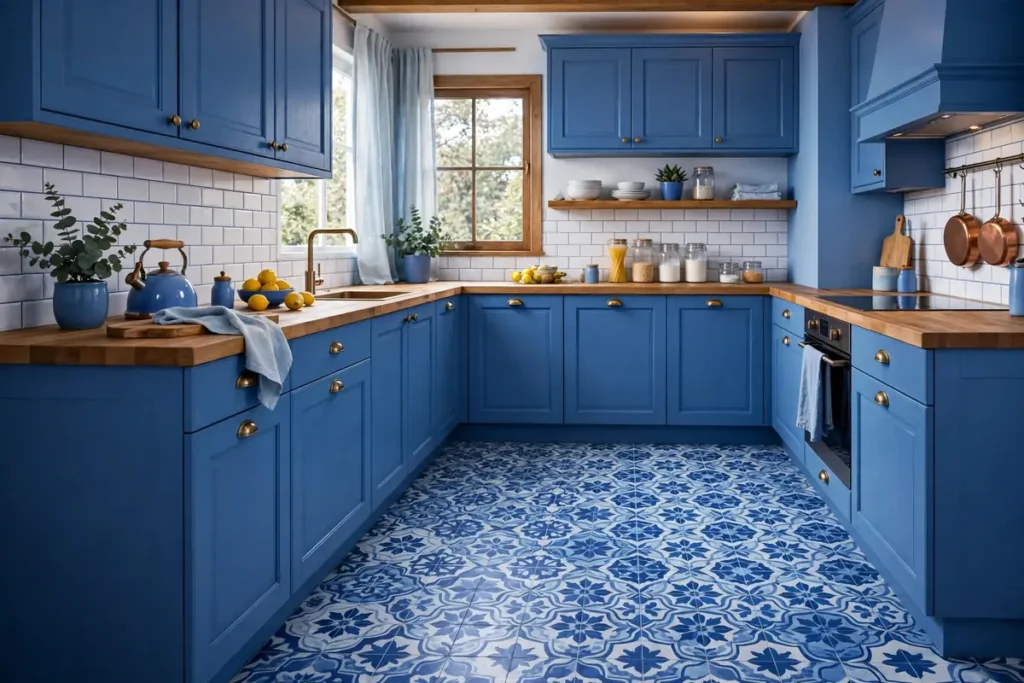 Blue Patterned Floor Tile - blue kitchen ideas