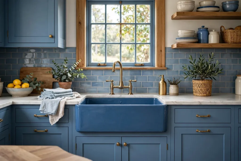 Blue Farmhouse Sink - blue kitchen ideas
