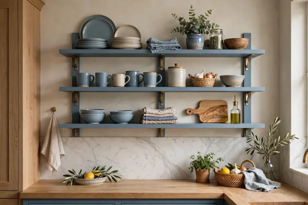 Dusty Blue Open Shelving - blue kitchen ideas