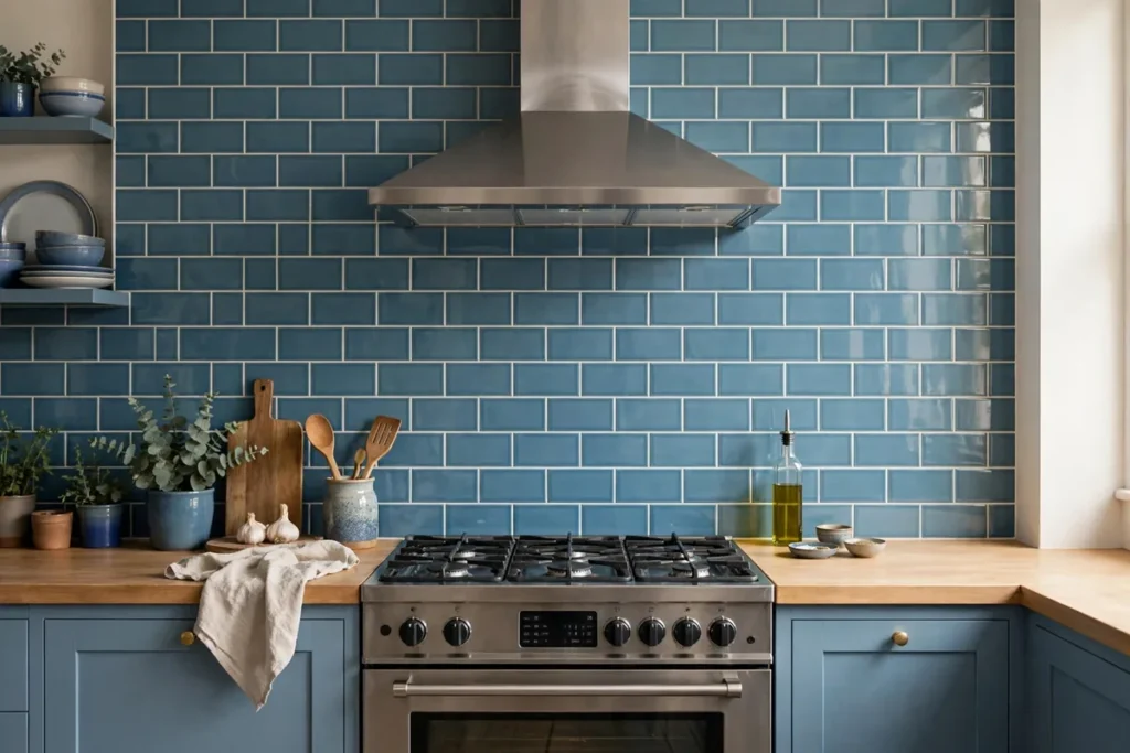 Blue Subway Tile Stove Wall - blue kitchen ideas