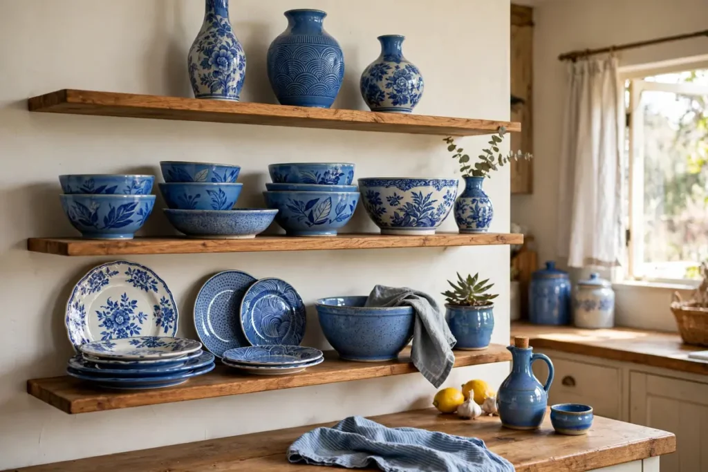Blue Pottery Collection on Display - blue kitchen ideas