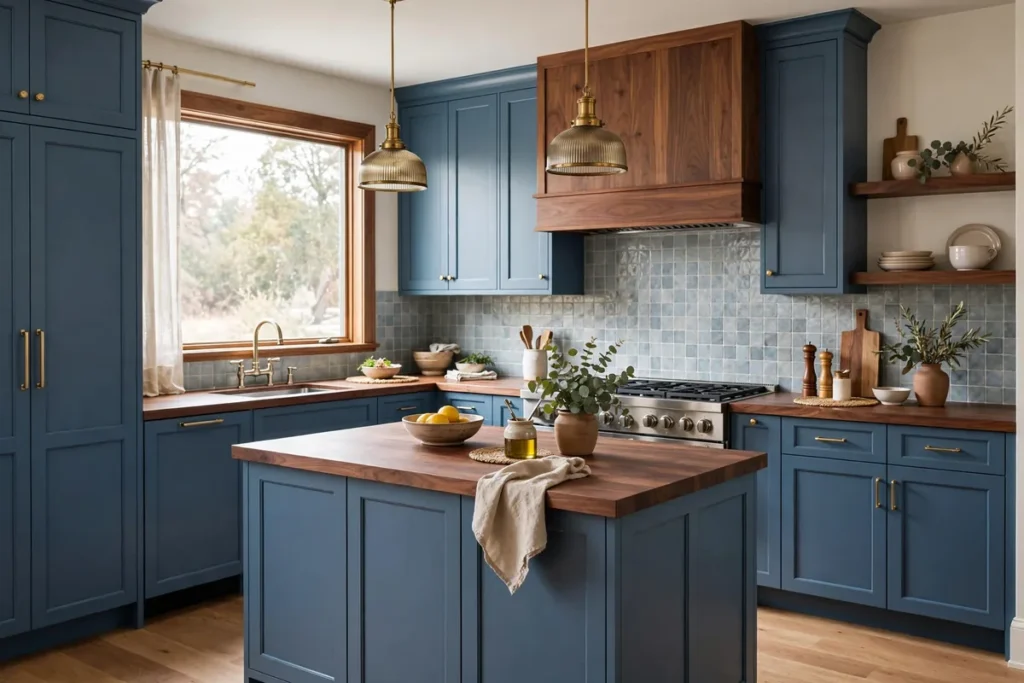 Blue and Walnut Wood Combination - blue kitchen ideas