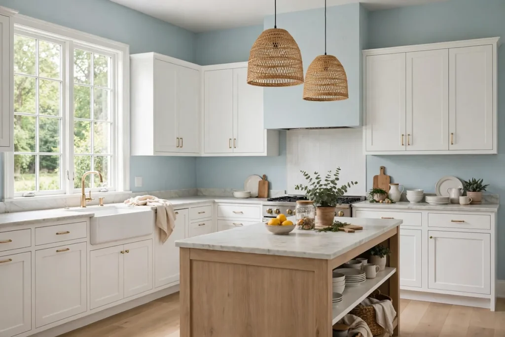 Pale Blue Walls with White Cabinets - blue kitchen ideas
