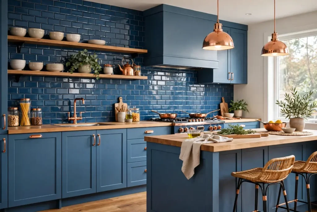 Blue Subway Tile with Copper Accents - blue kitchen ideas