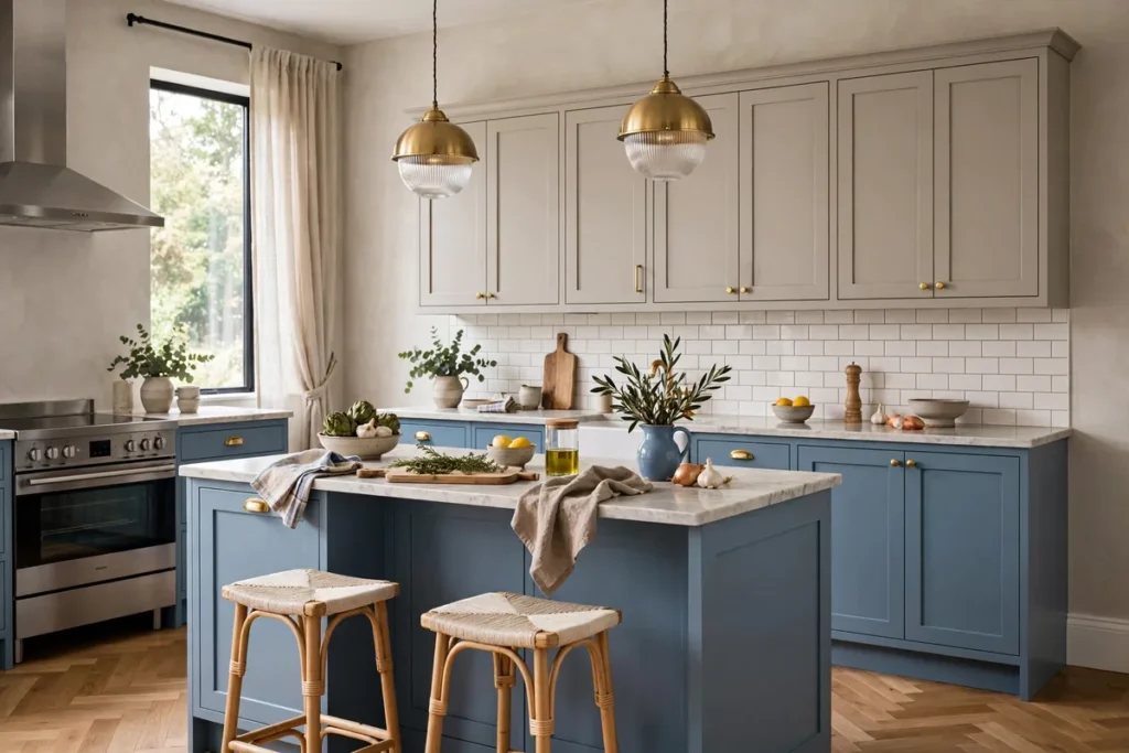 Greige and Blue Combination - blue kitchen ideas