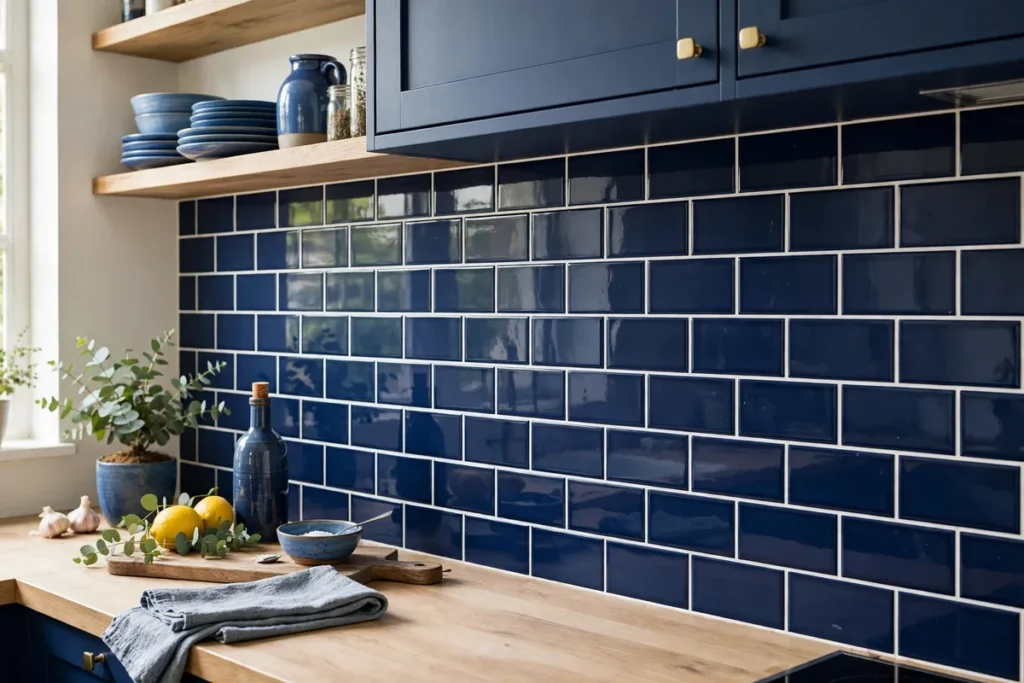 Navy Blue Subway Tile with White Grout - blue kitchen ideas