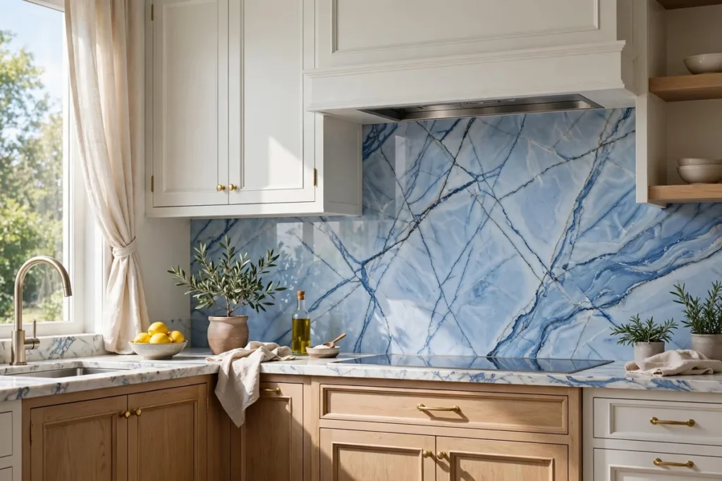 Blue Marble Backsplash - blue kitchen ideas