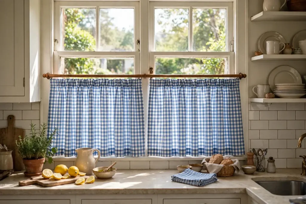 Blue Gingham Café Curtains - blue kitchen ideas