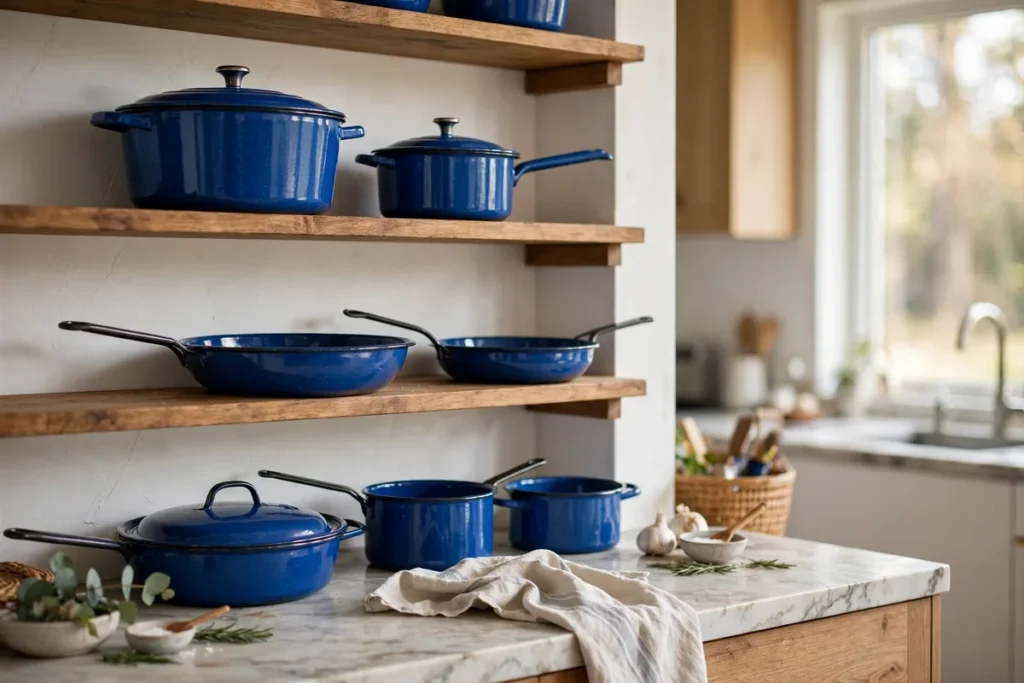 Blue Enamel Cookware on Display - blue kitchen ideas