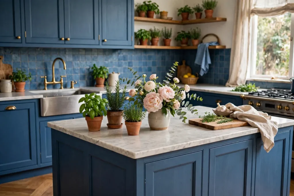 Finishing Touches with Fresh Flowers and Herbs - blue kitchen ideas