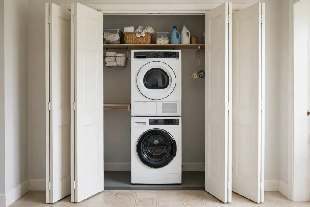 Stackable Washer and Dryer Behind Bi-Fold Doors - laundry closet ideas