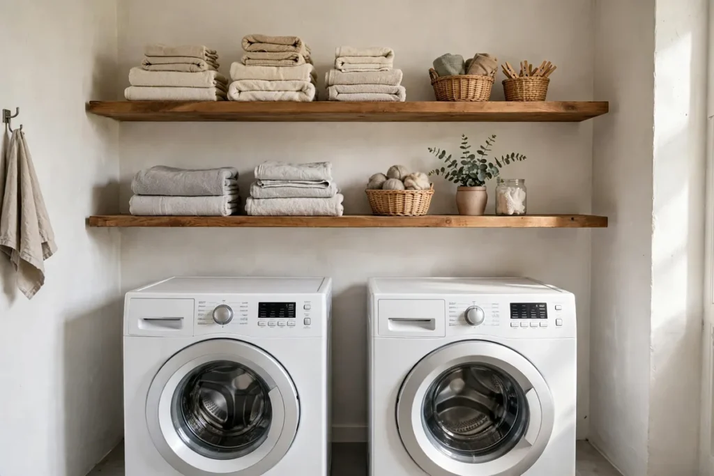 Floating Shelves Above the Machines - laundry closet ideas