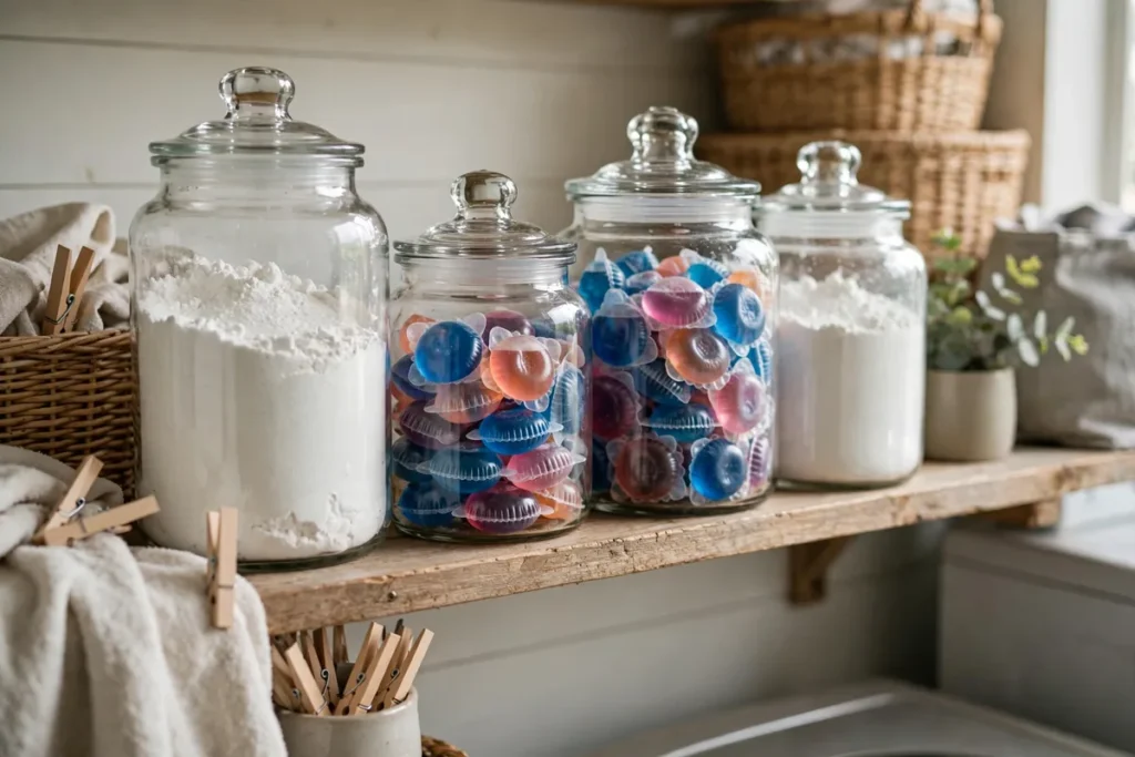 Pretty Glass Jars for Detergent - laundry closet ideas