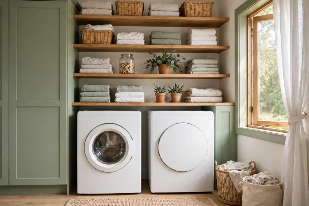 Sage Green Painted Cabinets - laundry closet ideas